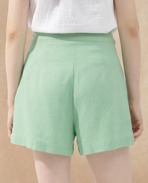 Rareism Women Eveny Pastel Green Viscose Linen Fabric Zip Closure Slim Fit Plain Mini Shorts