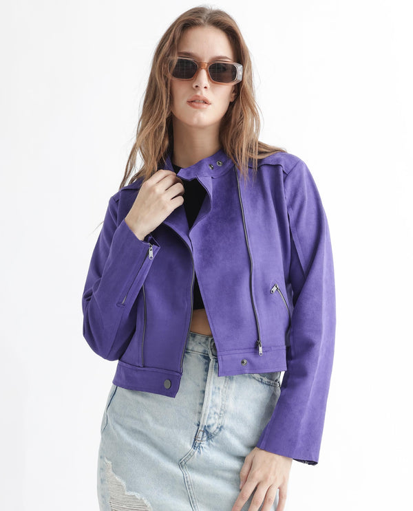 Rareism Women Everlee Purple Polyester Fabric Full Sleeves Solid Mandarin Collar Jacket