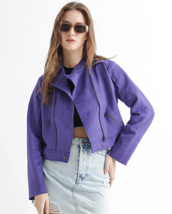 Rareism Women Everlee Purple Polyester Fabric Full Sleeves Solid Mandarin Collar Jacket