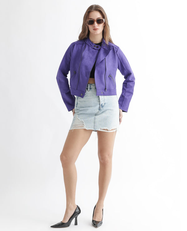 Rareism Women Everlee Purple Polyester Fabric Full Sleeves Solid Mandarin Collar Jacket