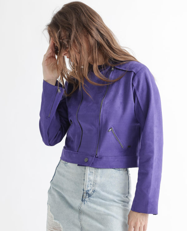 Rareism Women Everlee Purple Polyester Fabric Full Sleeves Solid Mandarin Collar Jacket