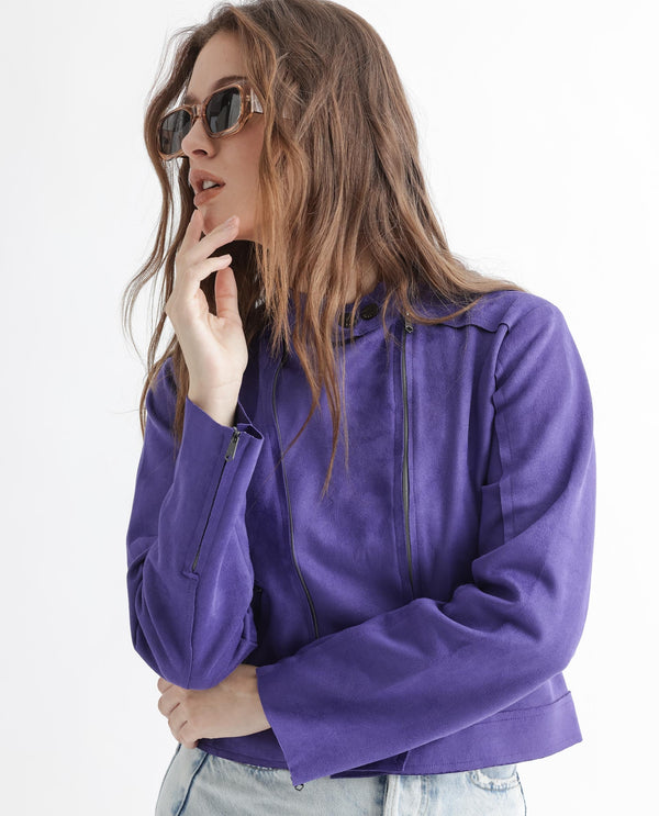 Rareism Women Everlee Purple Polyester Fabric Full Sleeves Solid Mandarin Collar Jacket