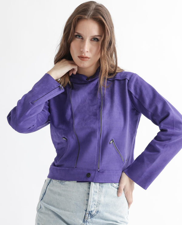 Rareism Women Everlee Purple Polyester Fabric Full Sleeves Solid Mandarin Collar Jacket