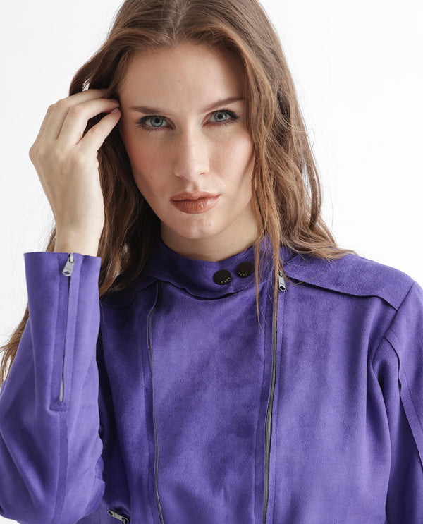 Rareism Women Everlee Purple Polyester Fabric Full Sleeves Solid Mandarin Collar Jacket