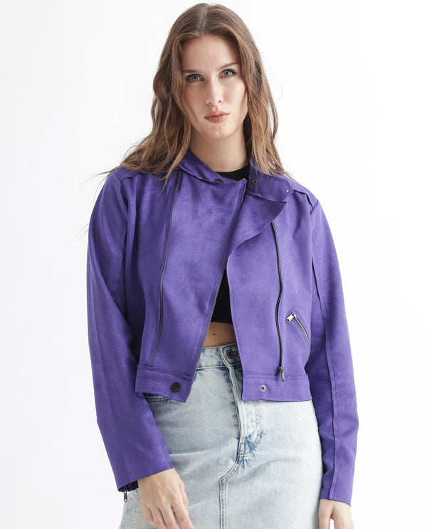 Rareism Women Everlee Purple Polyester Fabric Full Sleeves Solid Mandarin Collar Jacket