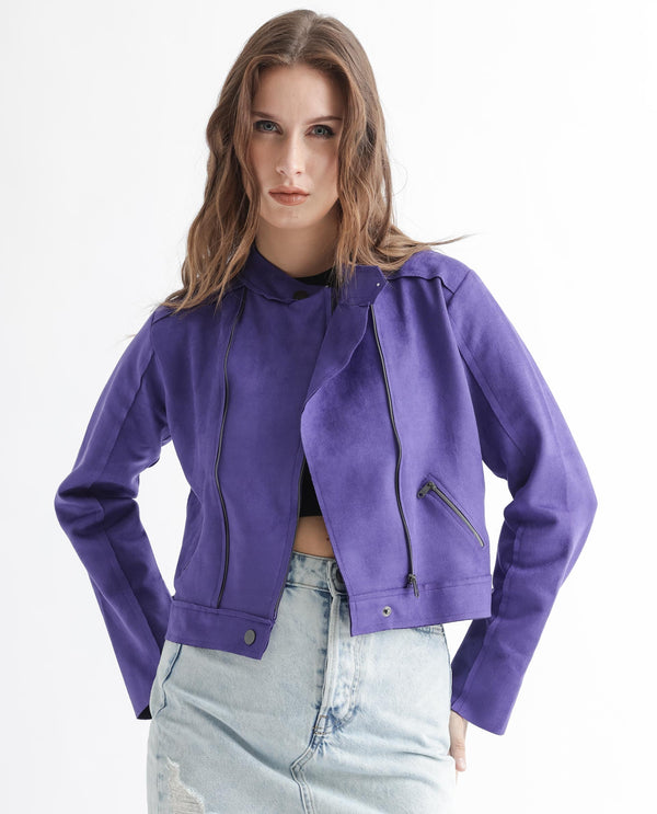 Rareism Women Everlee Purple Polyester Fabric Full Sleeves Solid Mandarin Collar Jacket