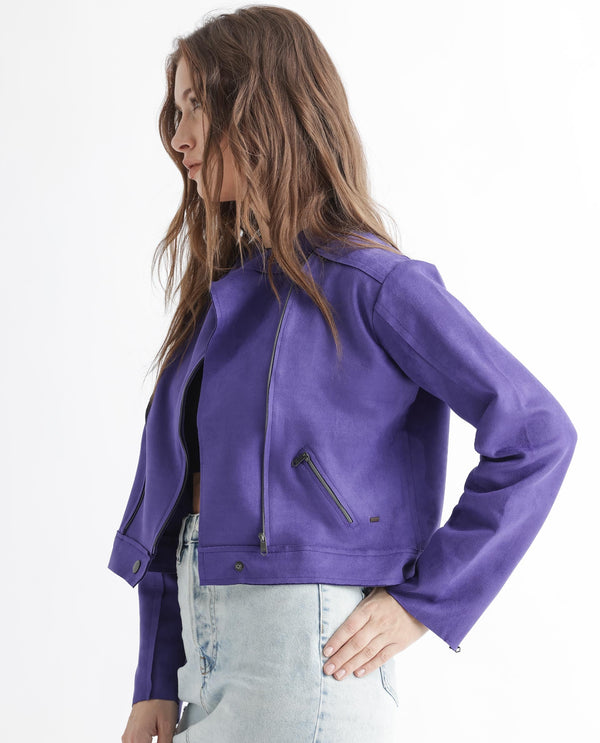 Rareism Women Everlee Purple Polyester Fabric Full Sleeves Solid Mandarin Collar Jacket