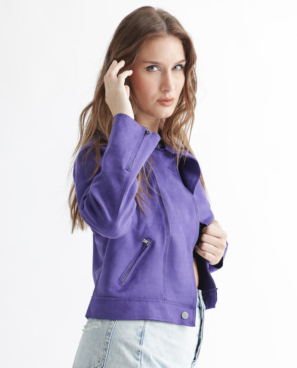 Rareism Women Everlee Purple Polyester Fabric Full Sleeves Solid Mandarin Collar Jacket