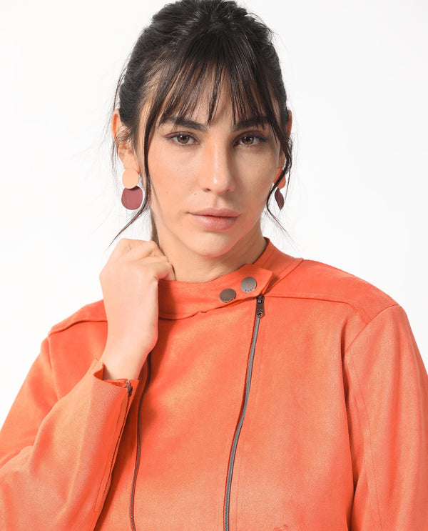 Rareism Women Everlee Orange Polyester Fabric Full Sleeves Solid Mandarin Collar Jacket