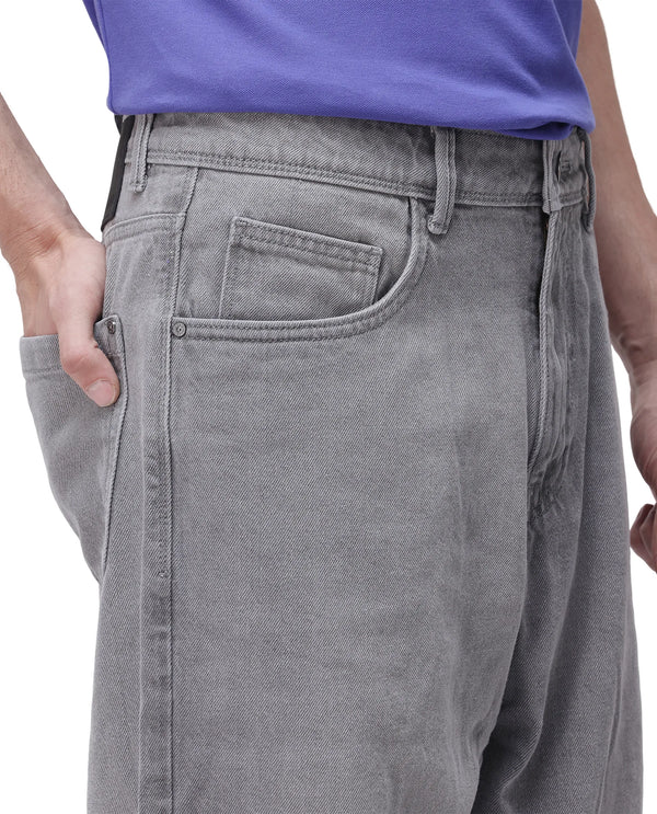 Rare Rabbit Men's Evet-2 Grey Cotton Fabric Rinse Wash Mid Rise Baggy Fit Plain Jeans