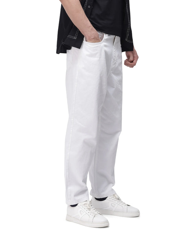 Rare Rabbit Men's Evet-2 White Cotton Fabric Rinse Wash Mid Rise Baggy Fit Plain Jeans