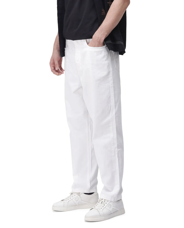 Rare Rabbit Men's Evet-2 White Cotton Fabric Rinse Wash Mid Rise Baggy Fit Plain Jeans