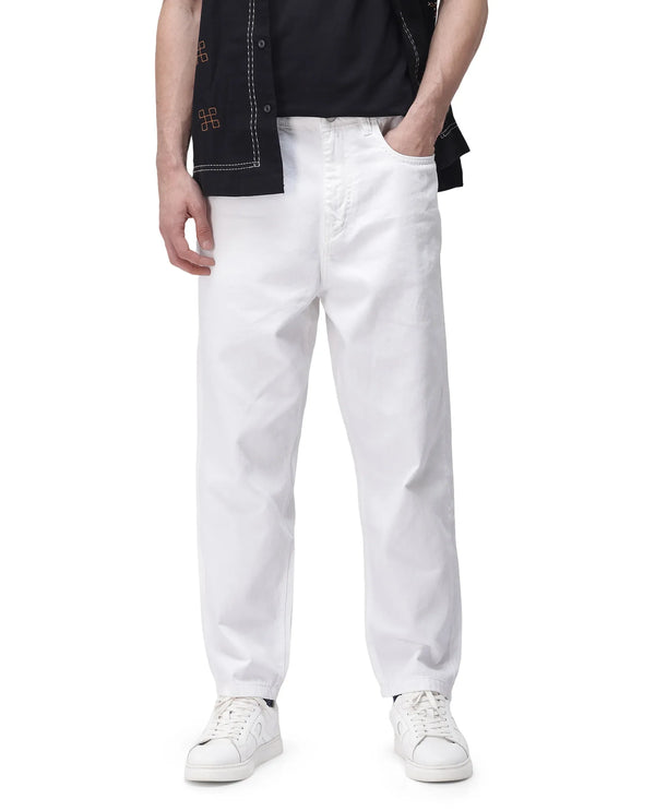 Rare Rabbit Men's Evet-2 White Cotton Fabric Rinse Wash Mid Rise Baggy Fit Plain Jeans