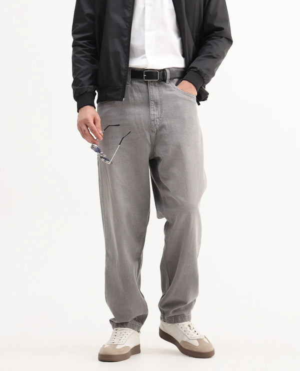 Rare Rabbit Men's Evet-2 Grey Cotton Fabric Rinse Wash Mid Rise Baggy Fit Plain Jeans
