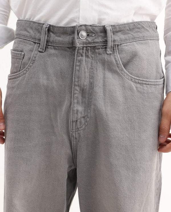 Rare Rabbit Men's Evet-2 Grey Cotton Fabric Rinse Wash Mid Rise Baggy Fit Plain Jeans