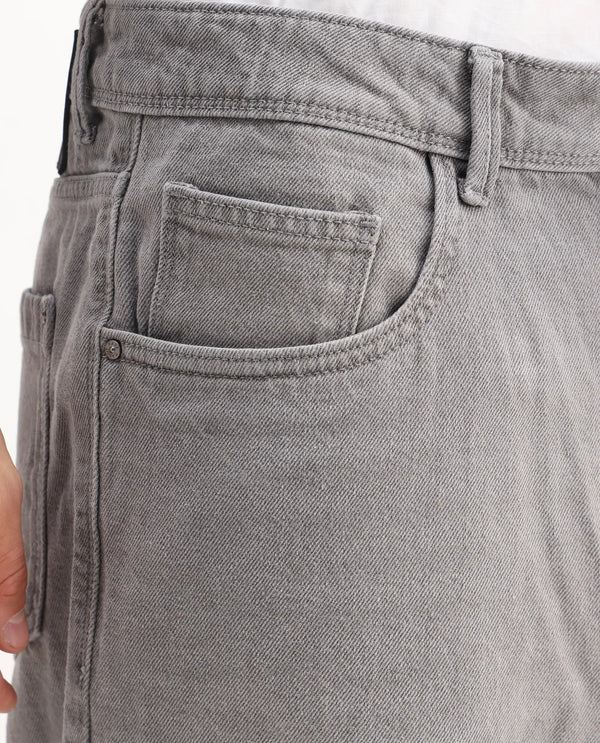 Rare Rabbit Men's Evet-2 Grey Cotton Fabric Rinse Wash Mid Rise Baggy Fit Plain Jeans