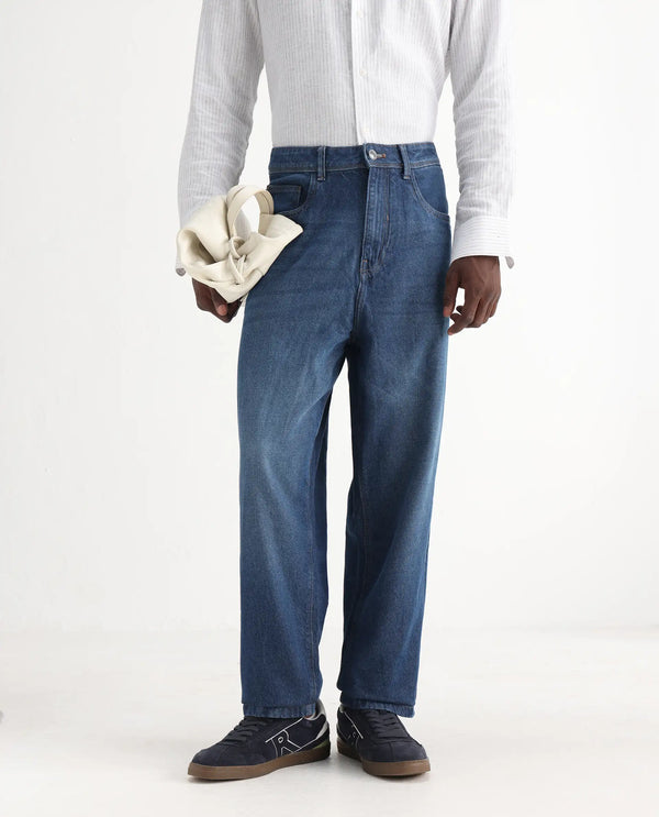 Rare Rabbit Men's Evet Blue Cotton Fabric Mid Rise Baggy Fit Plain Jeans
