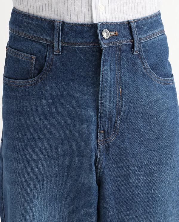Rare Rabbit Men's Evet Blue Cotton Fabric Mid Rise Baggy Fit Plain Jeans
