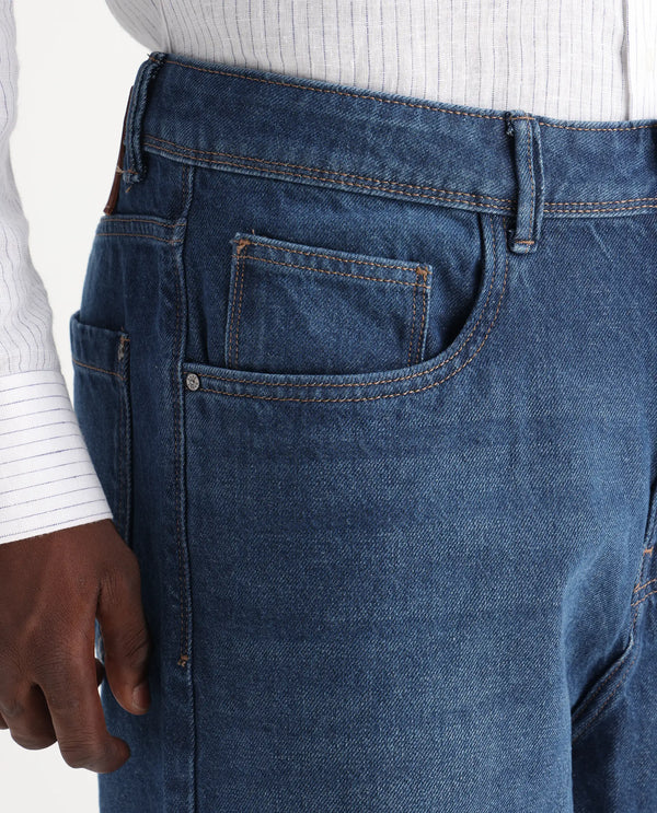 Rare Rabbit Men's Evet Blue Cotton Fabric Mid Rise Baggy Fit Plain Jeans