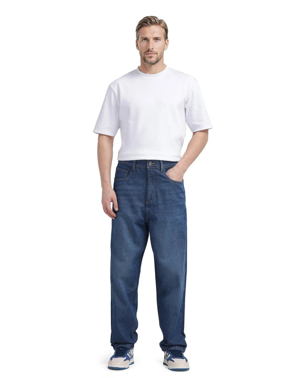 Rare Rabbit Men's Evet Blue Cotton Fabric Mid Rise Baggy Fit Plain Jeans