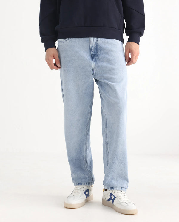 Rare Rabbit Men's Evet Pastel Blue Cotton Fabric Rinse Wash Mid Rise Baggy Fit Plain Jeans