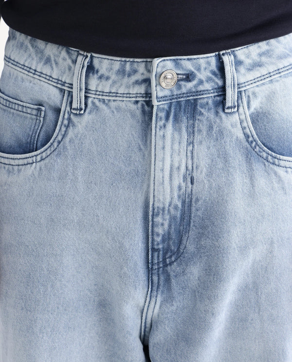 Rare Rabbit Men's Evet Pastel Blue Cotton Fabric Rinse Wash Mid Rise Baggy Fit Plain Jeans