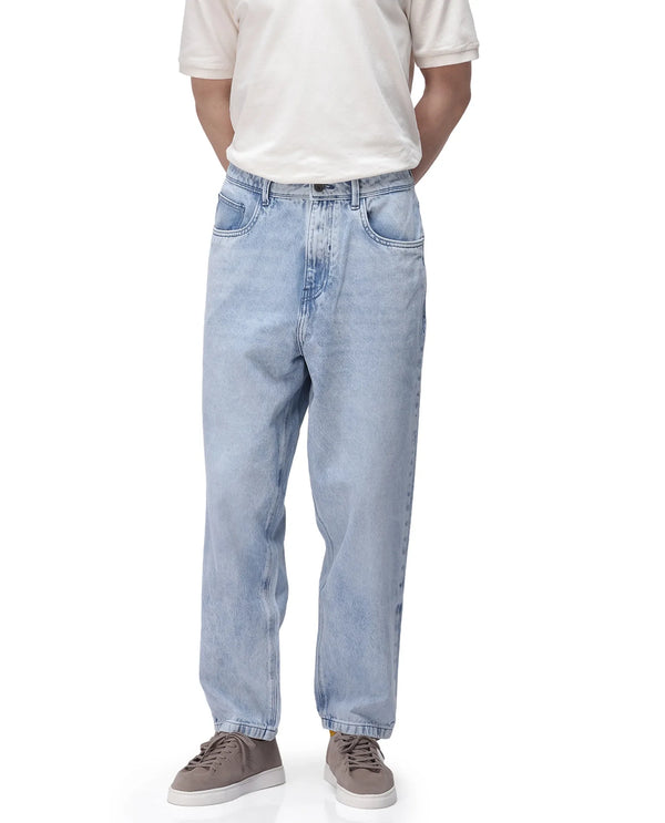 Rare Rabbit Men's Evet Pastel Blue Cotton Fabric Rinse Wash Mid Rise Baggy Fit Plain Jeans