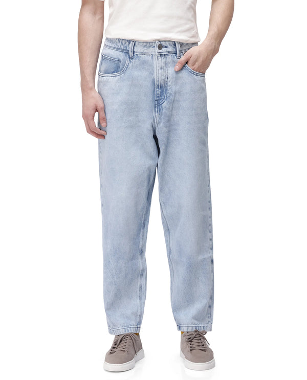 Rare Rabbit Men's Evet Pastel Blue Cotton Fabric Rinse Wash Mid Rise Baggy Fit Plain Jeans