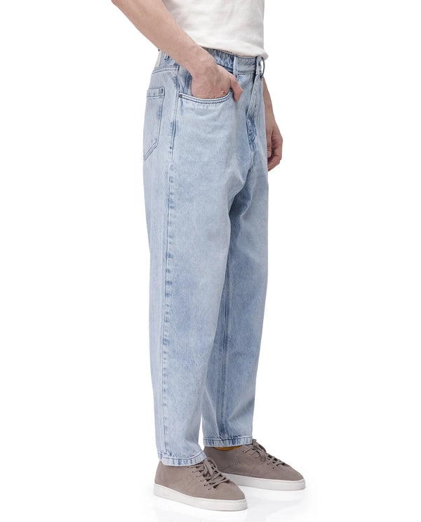 Rare Rabbit Men's Evet Pastel Blue Cotton Fabric Rinse Wash Mid Rise Baggy Fit Plain Jeans