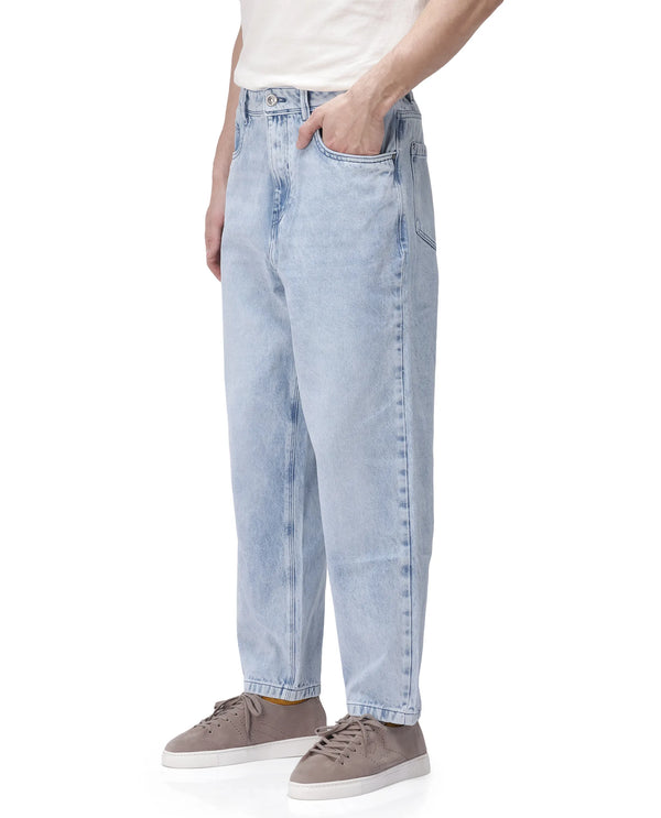Rare Rabbit Men's Evet Pastel Blue Cotton Fabric Rinse Wash Mid Rise Baggy Fit Plain Jeans