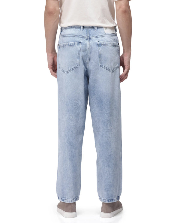 Rare Rabbit Men's Evet Pastel Blue Cotton Fabric Rinse Wash Mid Rise Baggy Fit Plain Jeans