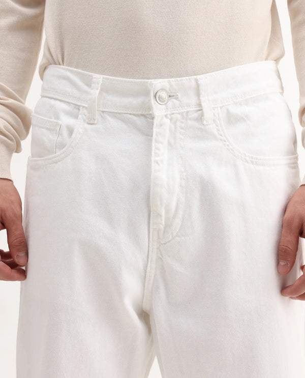 Rare Rabbit Men's Evet-2 White Cotton Fabric Rinse Wash Mid Rise Baggy Fit Plain Jeans