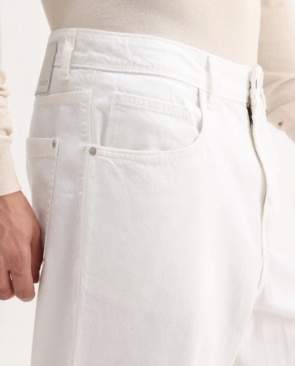 Rare Rabbit Men's Evet-2 White Cotton Fabric Rinse Wash Mid Rise Baggy Fit Plain Jeans
