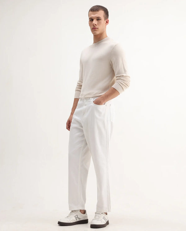 Rare Rabbit Men's Evet-2 White Cotton Fabric Rinse Wash Mid Rise Baggy Fit Plain Jeans