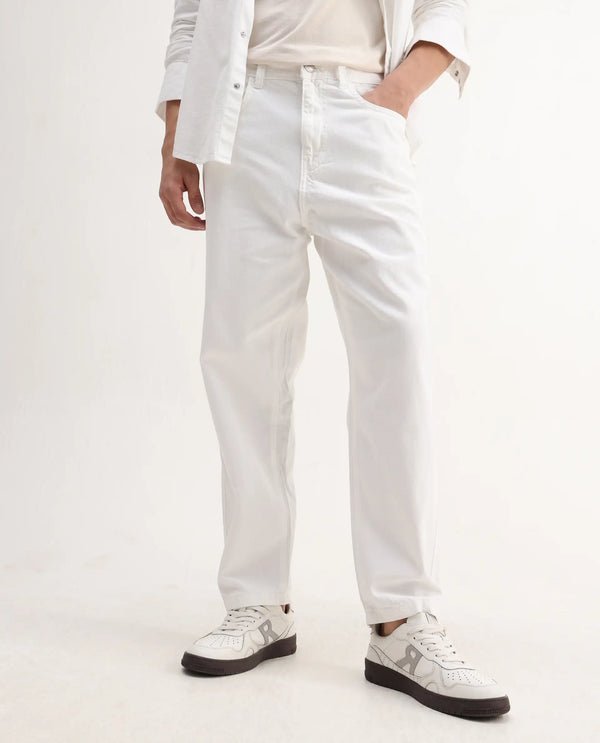Rare Rabbit Men's Evet-2 White Cotton Fabric Rinse Wash Mid Rise Baggy Fit Plain Jeans