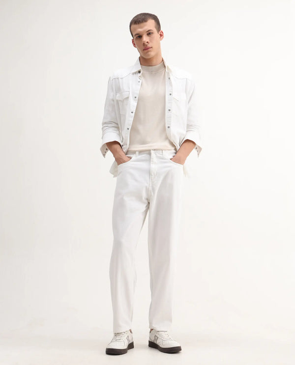 Rare Rabbit Men's Evet-2 White Cotton Fabric Rinse Wash Mid Rise Baggy Fit Plain Jeans