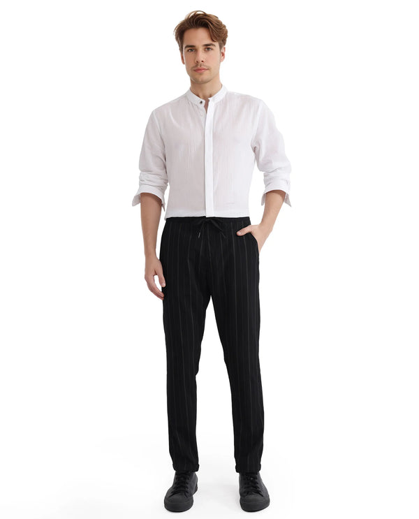Rare Rabbit Men Evita Black Cotton Blend Fabric Drawstring & Button Closure Regular Fit Striped Trouser