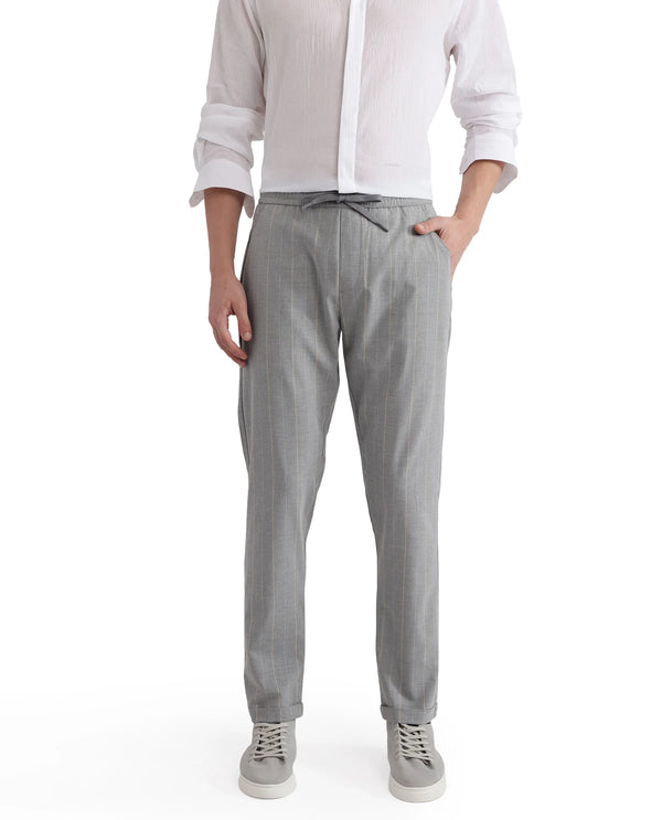 Rare Rabbit Men Evita Grey Cotton Blend Fabric Drawstring & Button Closure Regular Fit Striped Trouser