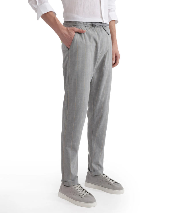 Rare Rabbit Men Evita Grey Cotton Blend Fabric Drawstring & Button Closure Regular Fit Striped Trouser