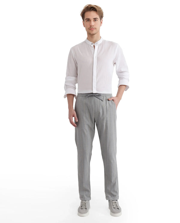 Rare Rabbit Men Evita Grey Cotton Blend Fabric Drawstring & Button Closure Regular Fit Striped Trouser