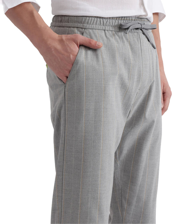 Rare Rabbit Men Evita Grey Cotton Blend Fabric Drawstring & Button Closure Regular Fit Striped Trouser