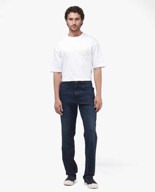 Rare Rabbit Mens Evolve Dark Navy Solid Regular Fit Mid-Rise Dark Wash Jeans