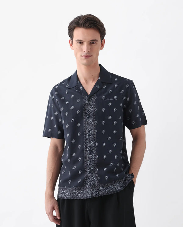 Rare Rabbit Men's Evron Navy Viscose Nylon Fabric Half Sleeve Spread Cuban Button Closure Boxy Fit Paisley Shirt