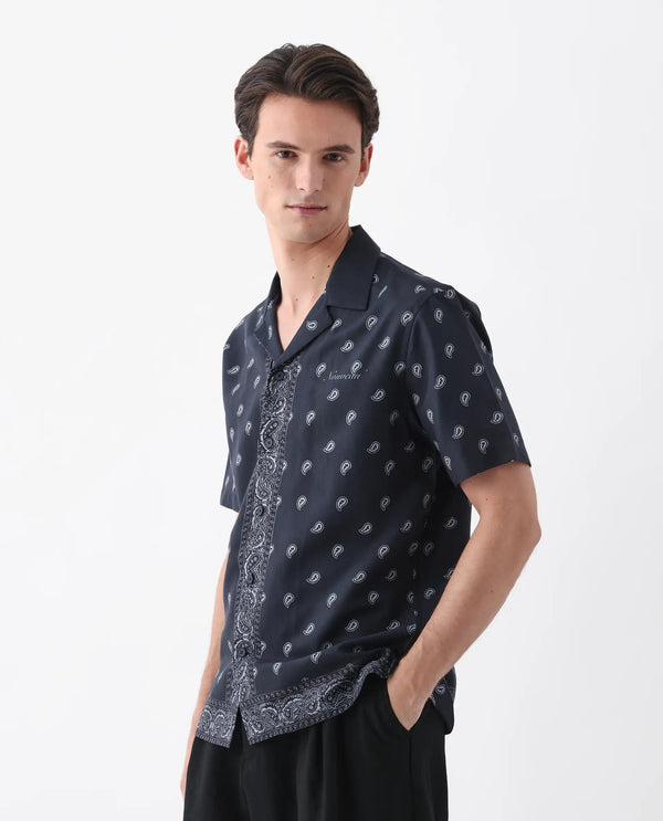 Rare Rabbit Men's Evron Navy Viscose Nylon Fabric Half Sleeve Spread Cuban Button Closure Boxy Fit Paisley Shirt