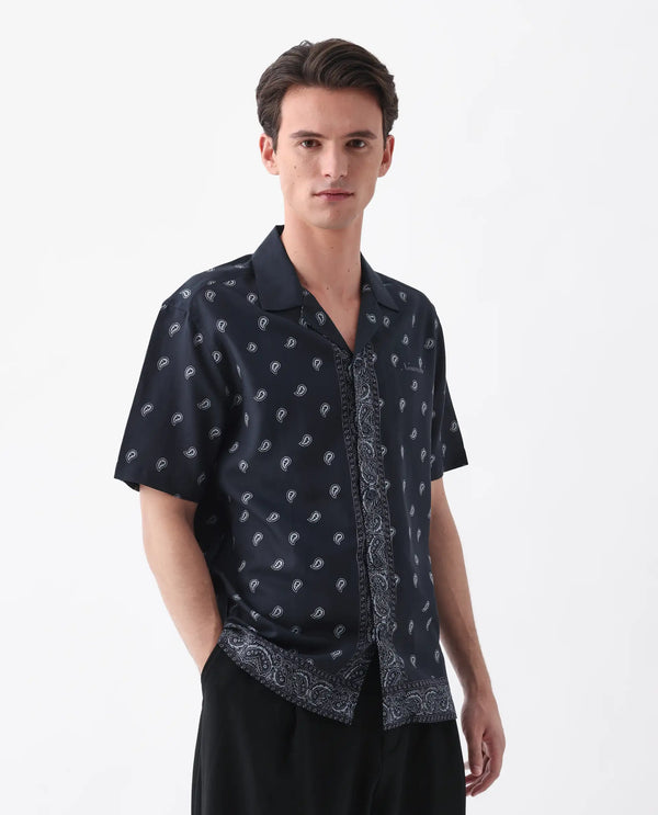 Rare Rabbit Men's Evron Navy Viscose Nylon Fabric Half Sleeve Spread Cuban Button Closure Boxy Fit Paisley Shirt