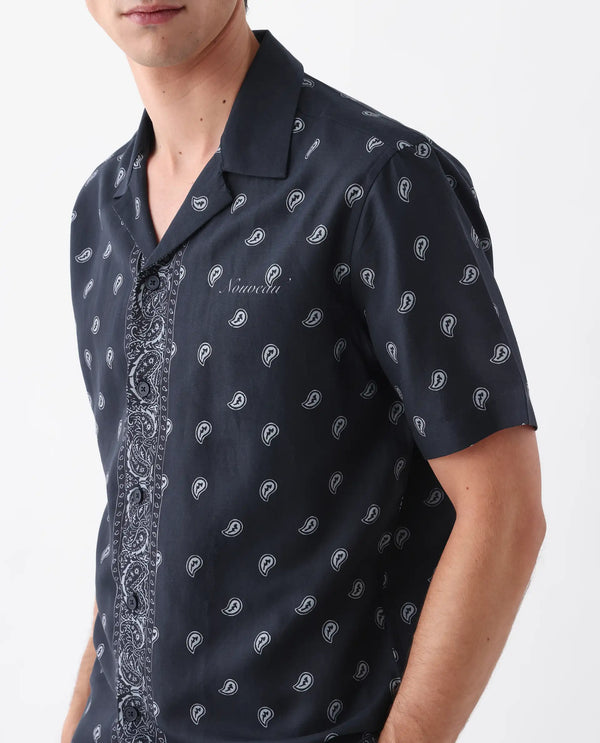 Rare Rabbit Men's Evron Navy Viscose Nylon Fabric Half Sleeve Spread Cuban Button Closure Boxy Fit Paisley Shirt