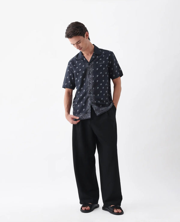Rare Rabbit Men's Evron Navy Viscose Nylon Fabric Half Sleeve Spread Cuban Button Closure Boxy Fit Paisley Shirt