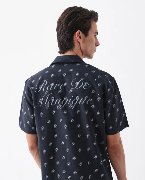 Rare Rabbit Men's Evron Navy Viscose Nylon Fabric Half Sleeve Spread Cuban Button Closure Boxy Fit Paisley Shirt