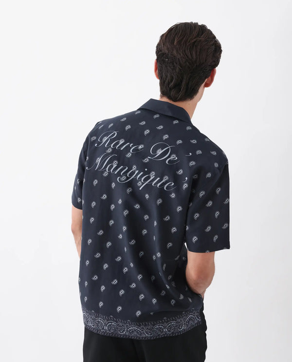 Rare Rabbit Men's Evron Navy Viscose Nylon Fabric Half Sleeve Spread Cuban Button Closure Boxy Fit Paisley Shirt