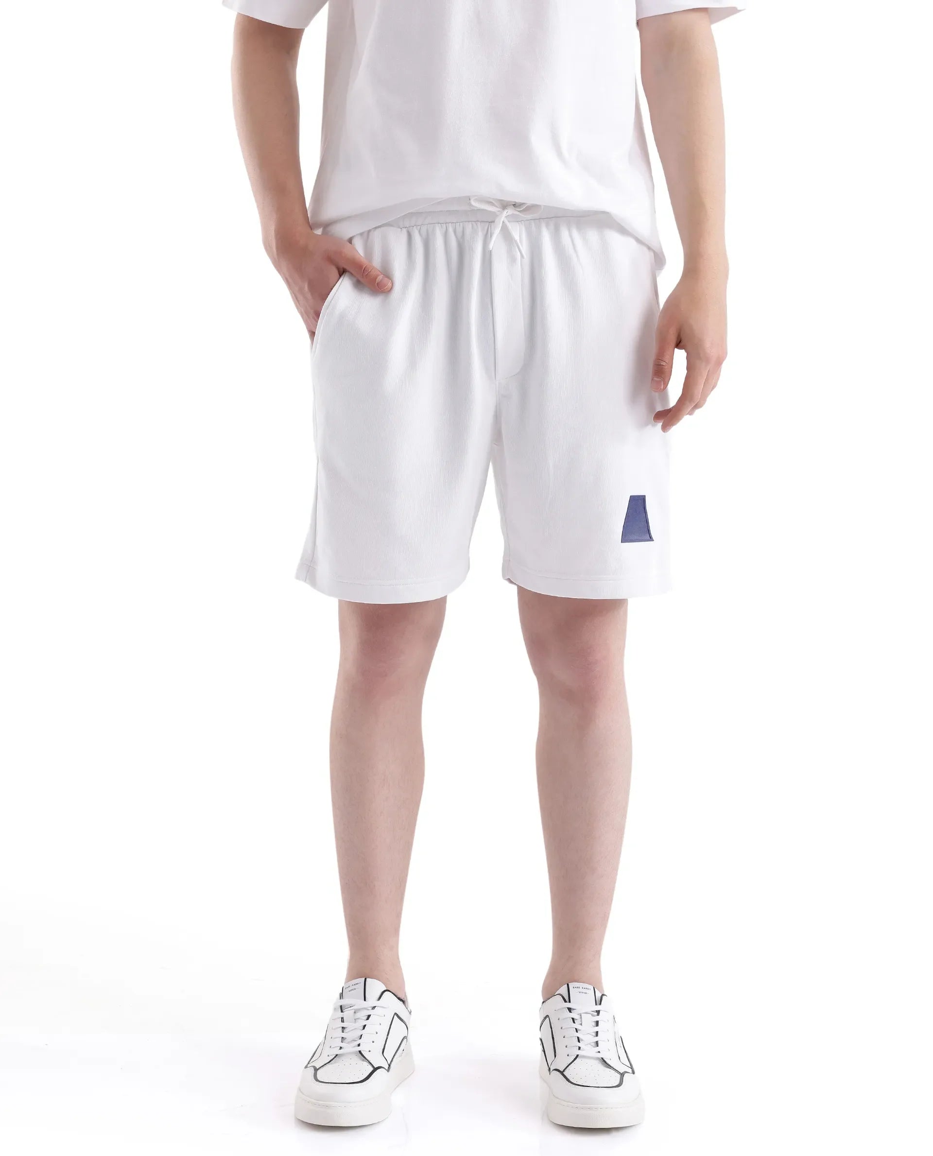Rare Rabbit Men Exclaim-B White Cotton Fabric Drawstring Closure Oversized Fit Placement Print Shorts
